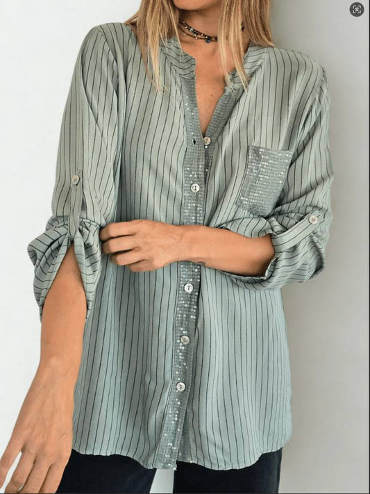 Women’s Striped Sequin Pocket Button-Up Shirt