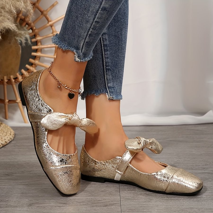 Women's Metallic Bow Flat Shoes