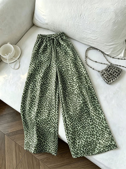 Women's High-Waisted Leopard Print Wide-Leg Trousers