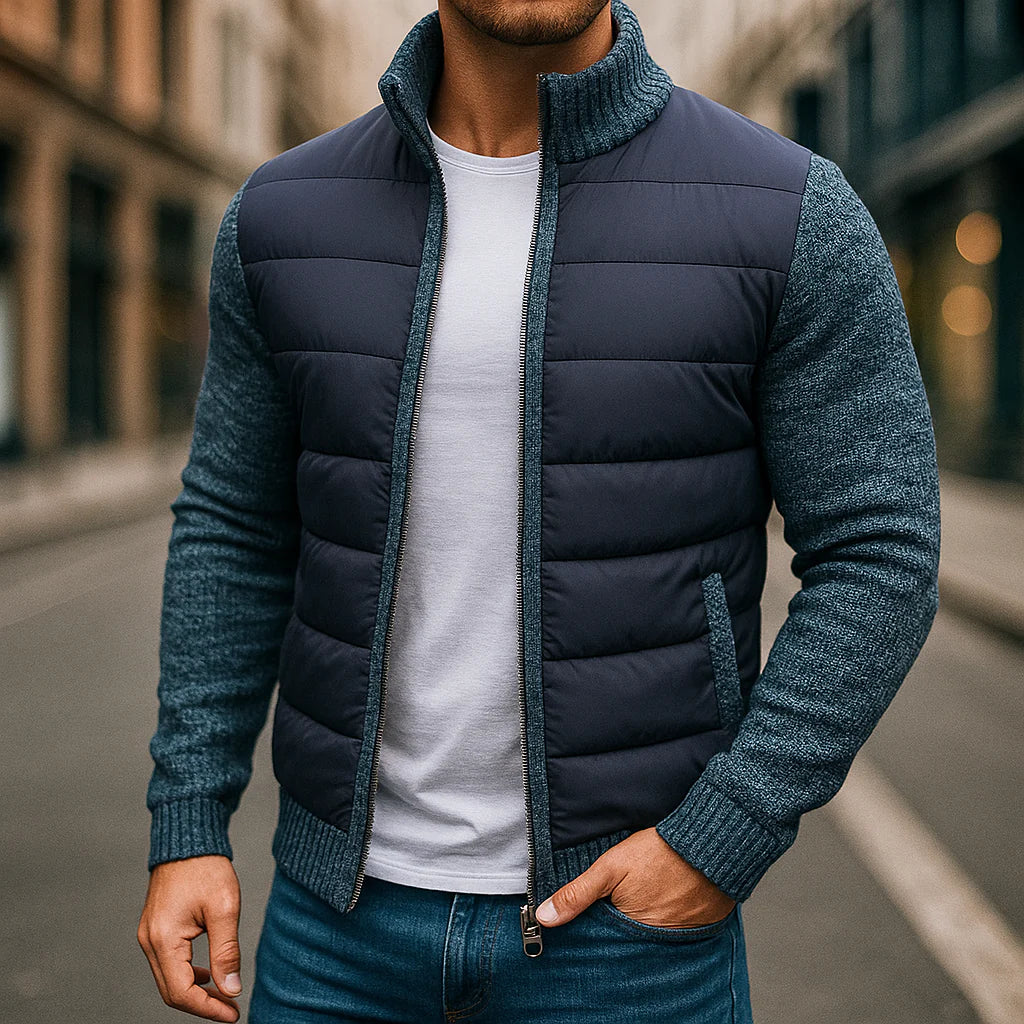 Men’s Quilted Puffer-Body Knit-Fleece Sleeve Jacket