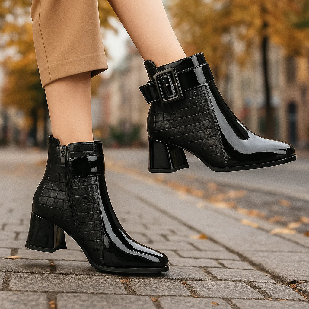 Women’s Polished Leather-Look Buckle Detail Ankle Boots