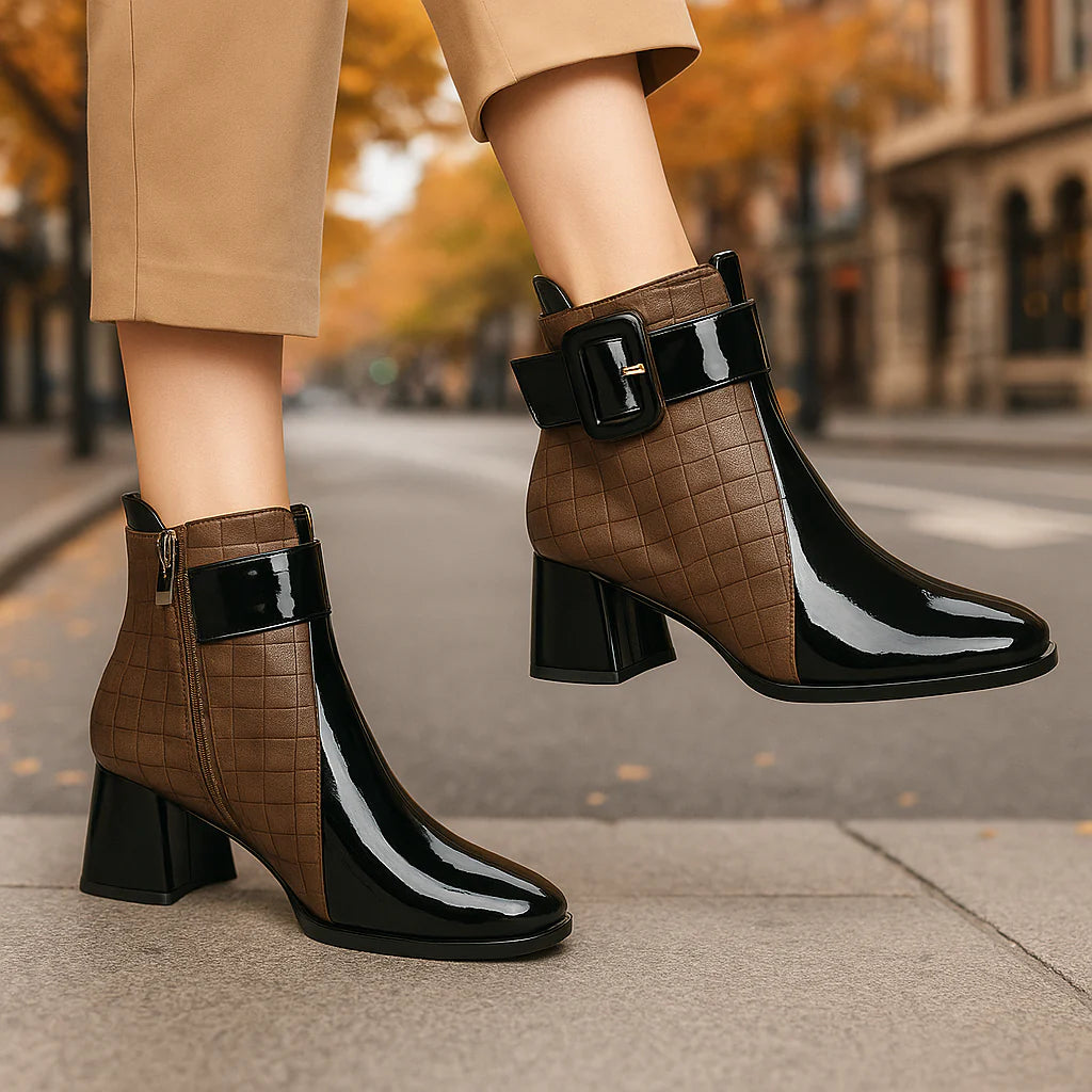 Women’s Polished Leather-Look Buckle Detail Ankle Boots