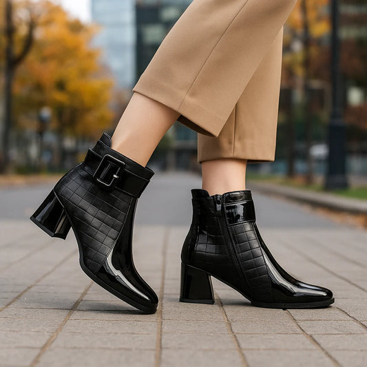 Women’s Polished Leather-Look Buckle Detail Ankle Boots