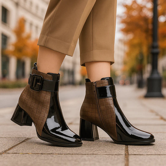 Women’s Polished Leather-Look Buckle Detail Ankle Boots