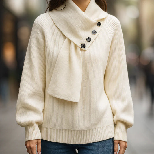 Women’s Buttoned Scarf-Neck Rib-Knit Cosy Sweater