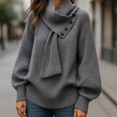 Women’s Buttoned Scarf-Neck Rib-Knit Cosy Sweater
