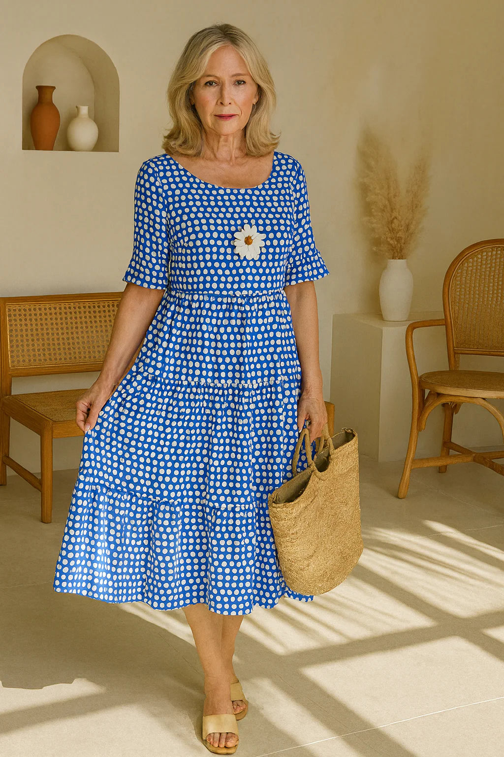 Women’s Flared Polka Dot Midi Dress with Relaxed Fit
