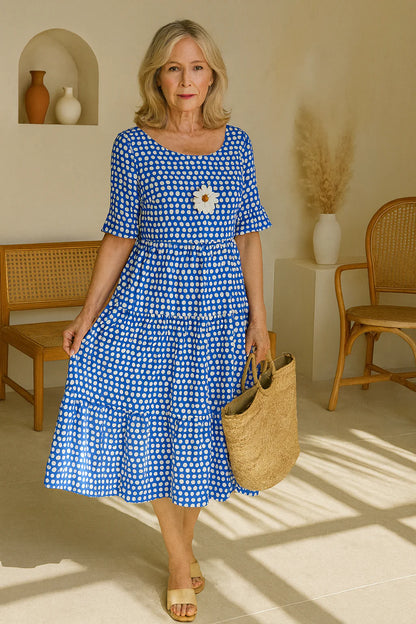Women’s Flared Polka Dot Midi Dress with Relaxed Fit