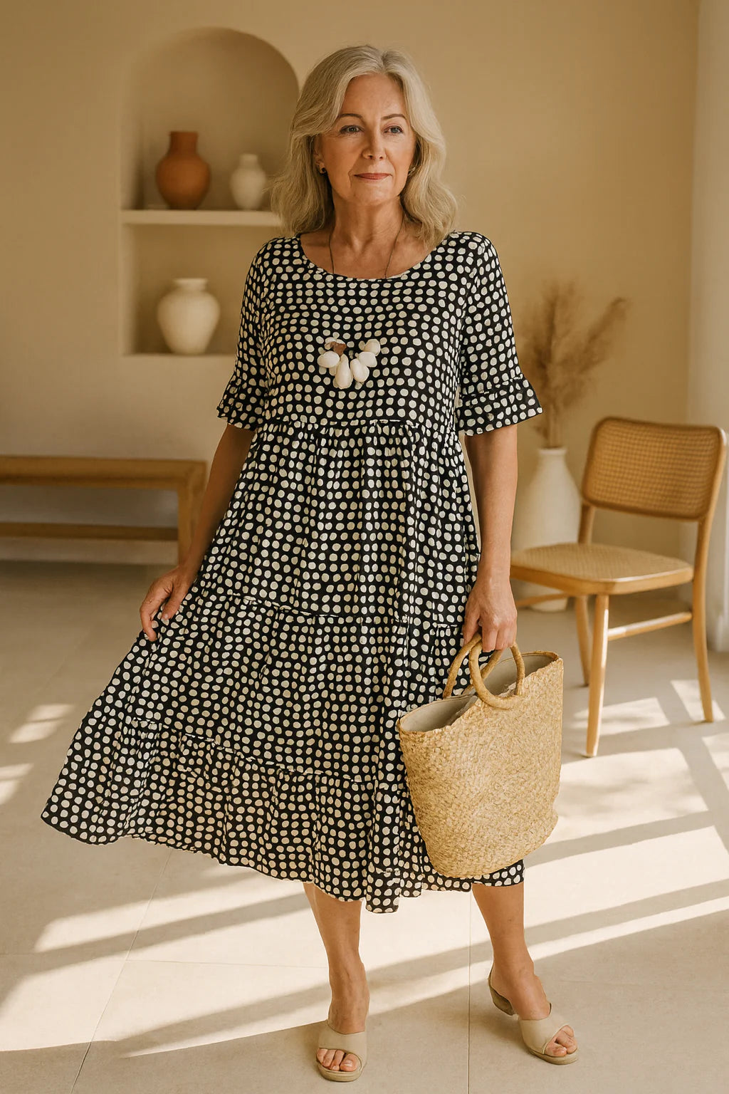 Women’s Flared Polka Dot Midi Dress with Relaxed Fit