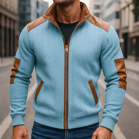 Men’s Knitted Cotton Jacket with Leather Accents and Fleece Lining