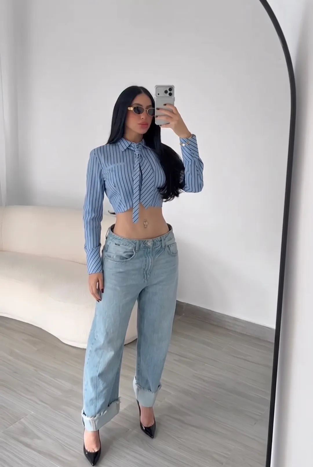 Women's Striped Tie Front Cropped Shirt