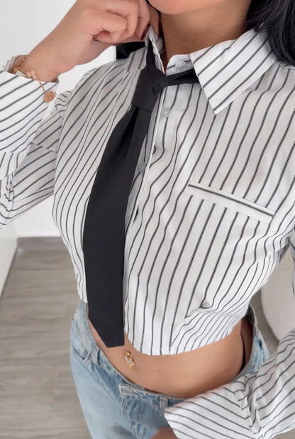 Women's Striped Tie Front Cropped Shirt