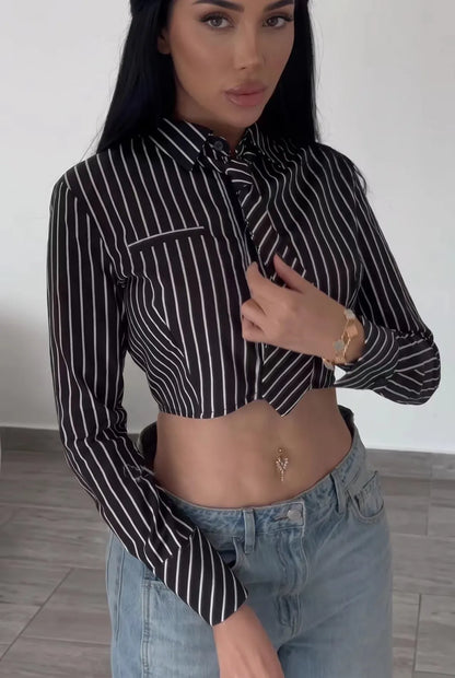 Women's Striped Tie Front Cropped Shirt