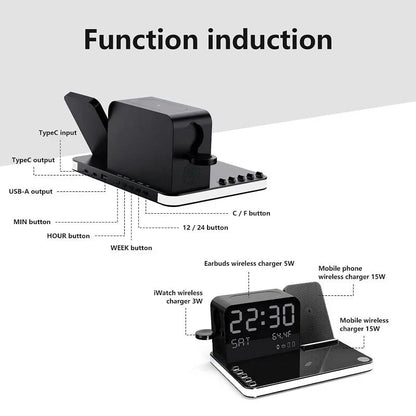 4-in-1 Fast Wireless Charging Station with LED Clock & Bluetooth Speaker