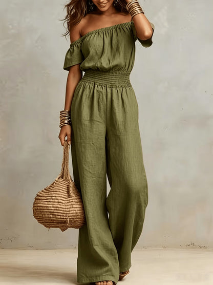 Vintage Off-Shoulder Wide-Leg Jumpsuit