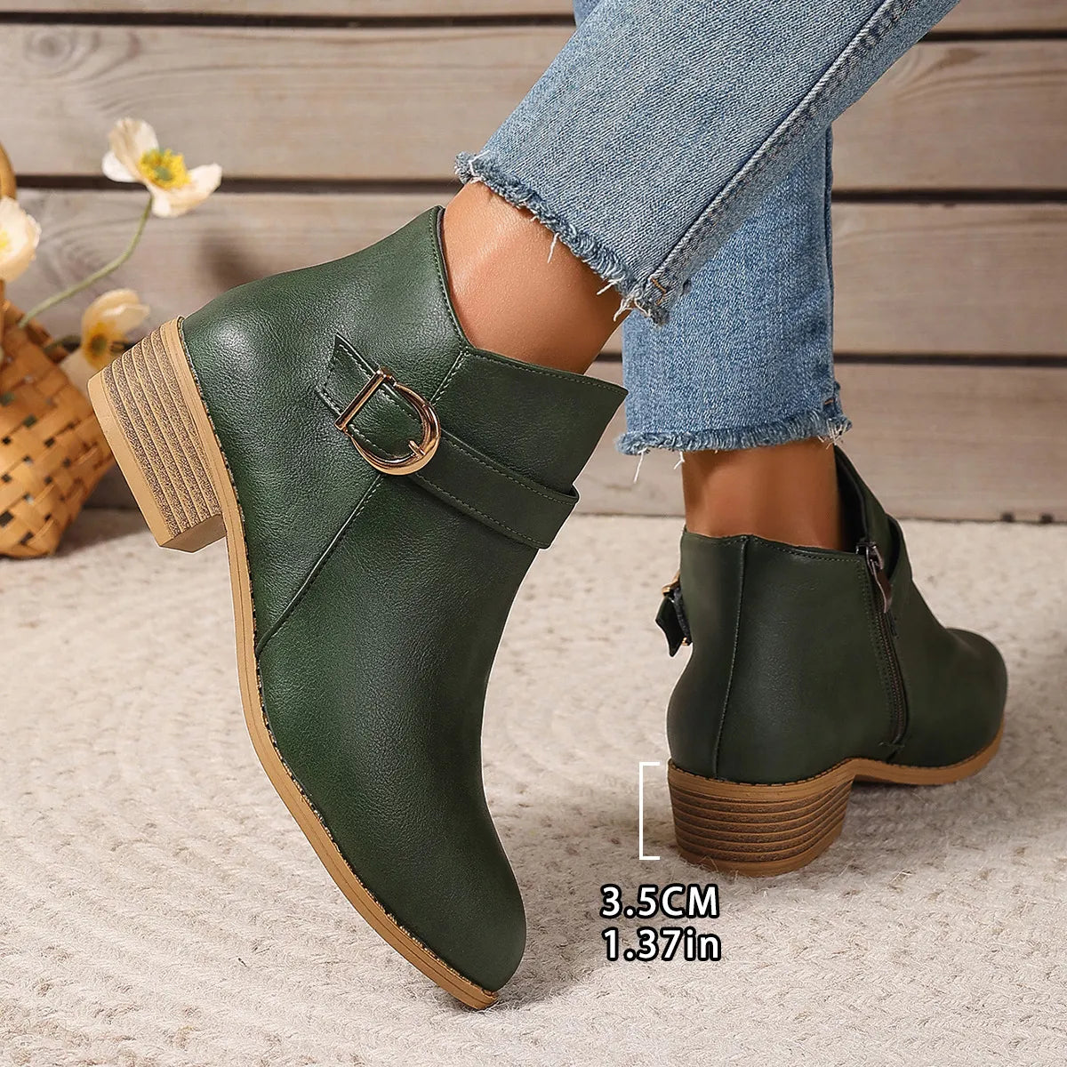 Women’s Comfortable Chunky Heel Leather-Look Ankle Boots