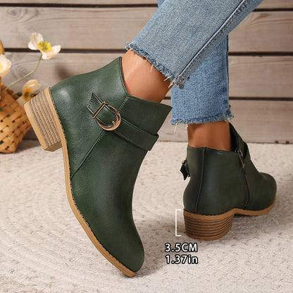 Women’s Comfortable Chunky Heel Leather-Look Ankle Boots