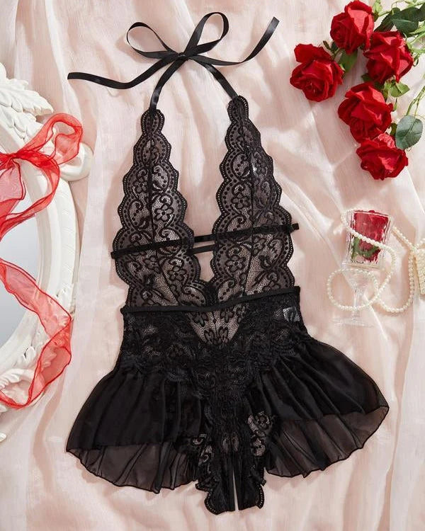 Women’s Floral Lace Halterneck Teddy Bodysuit