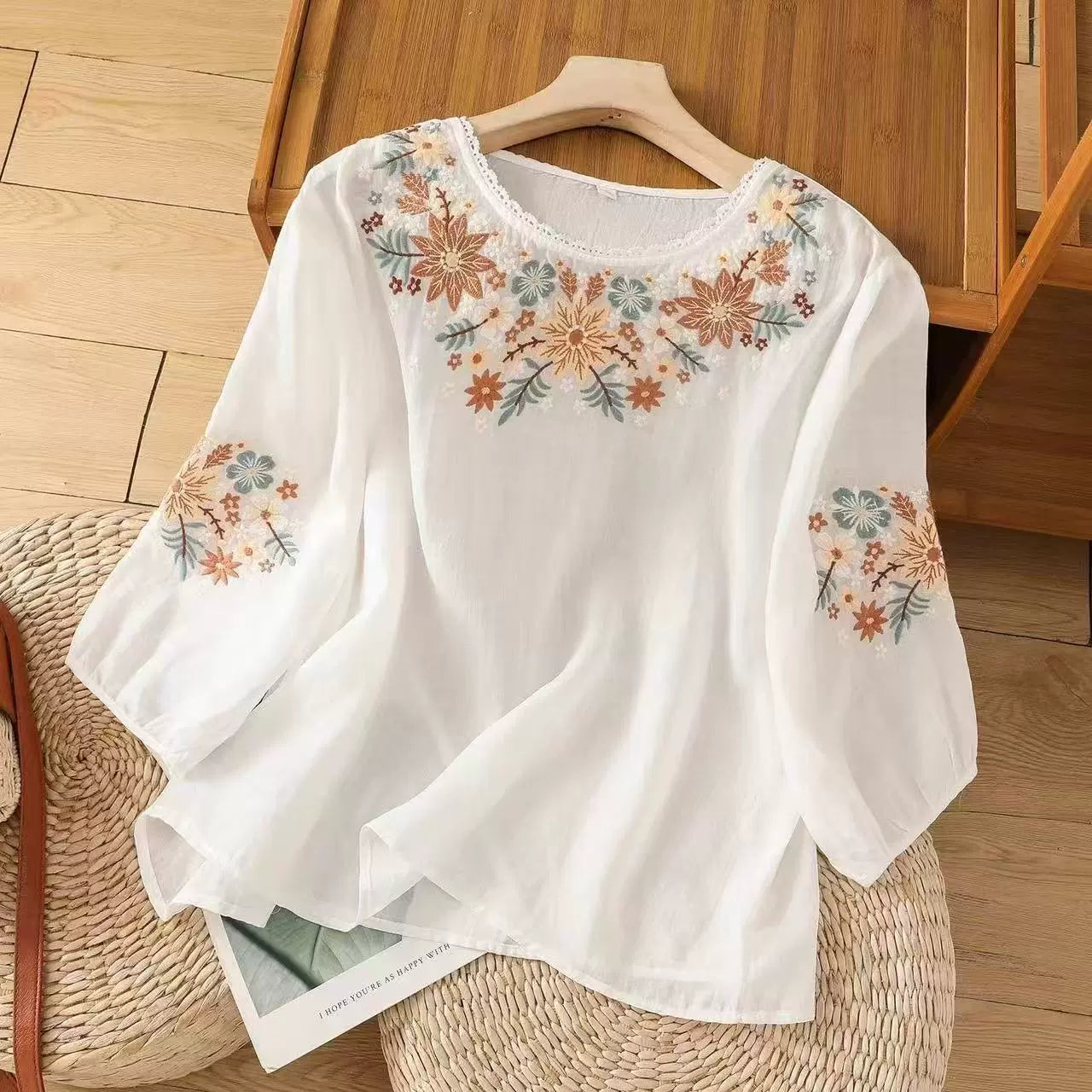 Women’s Loose Embroidered Summer Top with 3/4 Sleeves