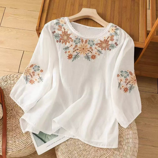 Women’s Loose Embroidered Summer Top with 3/4 Sleeves