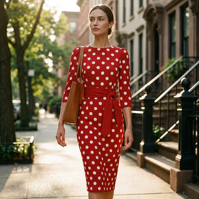 Women’s Polka Dot Belted Midi Dress
