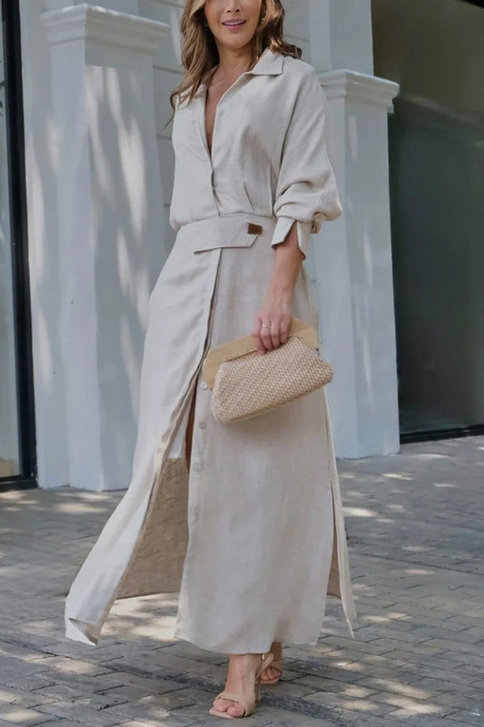 Women’s Natural Linen Blend Button-Front Maxi Dress