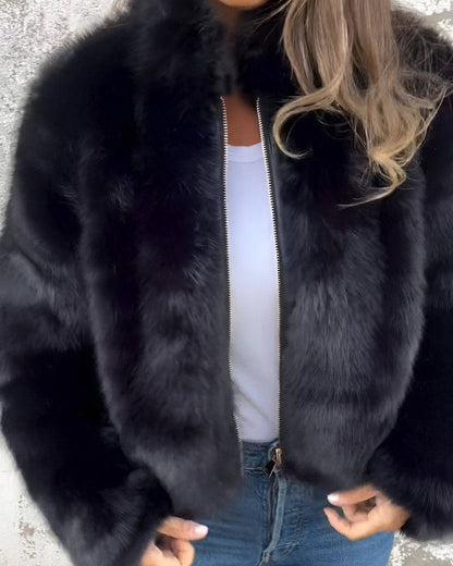 Women’s Stand Collar Faux Fur Zip Jacket