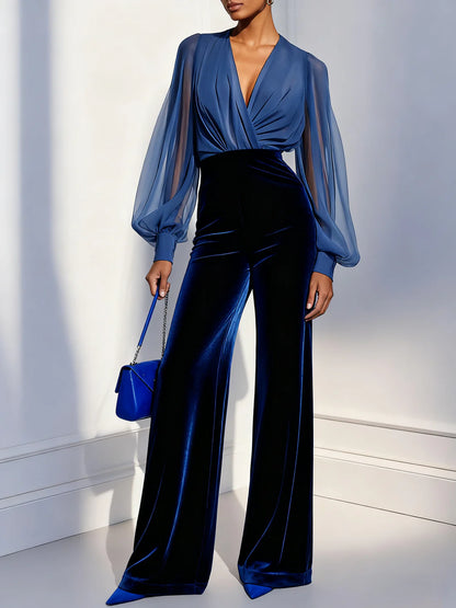 Women’s Velvet V Neck Mesh Panel Jumpsuit
