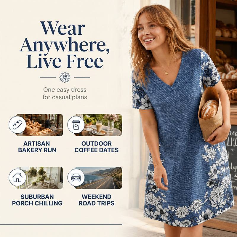 Women’s Denim-Print Floral V-Neck Dress