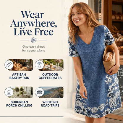 Women’s Denim-Print Floral V-Neck Dress