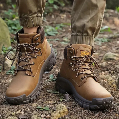 (🤜Work Hard For 5+ Years) Men Leather-Look Motorcycle Boots Waterproof Non-Slip Anti-Puncture Anti-Sprain Hiking Work Boots