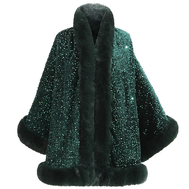 Women’s Sequined Faux Fur Trim Evening Shawl Wrap