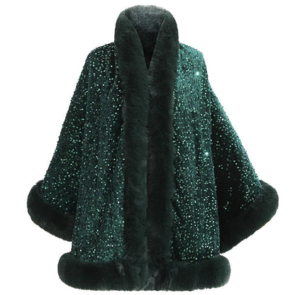 Women’s Sequined Faux Fur Trim Evening Shawl Wrap