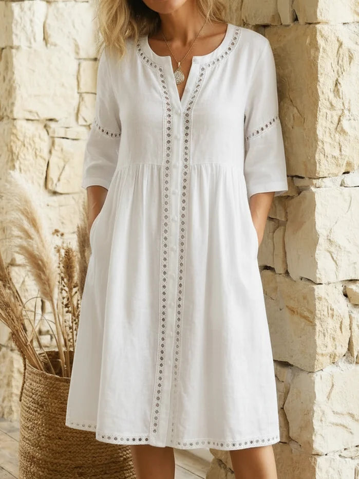 Women’s Cotton Linen Lace Panel Button Midi Dress