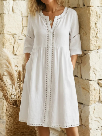 Women’s Cotton Linen Lace Panel Button Midi Dress