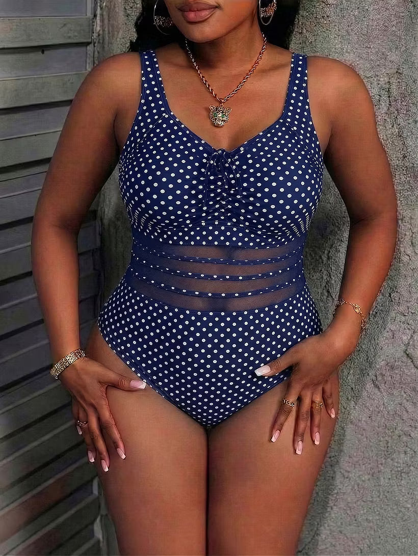 Women’s Polka Dot Mesh-Waist One-Piece Swimsuit