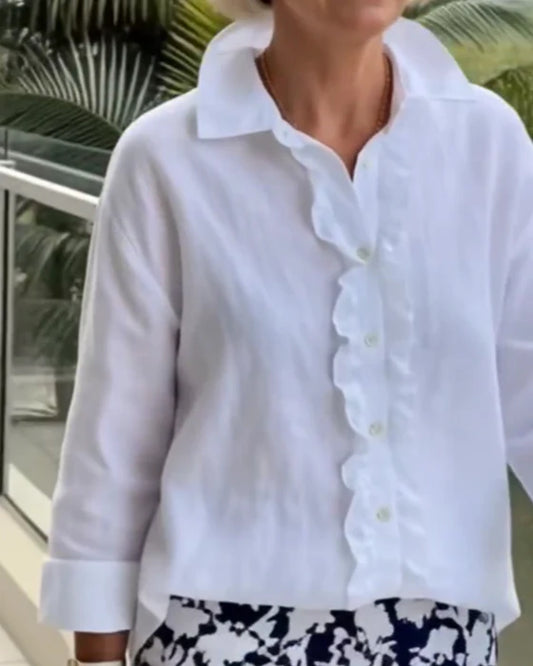 Women’s Plain Ruffle-Front Collar Blouse with Long Sleeves