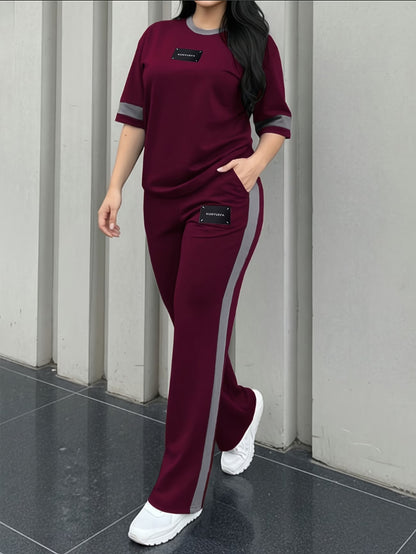 Women's Colour-Block T-Shirt and Trousers Set