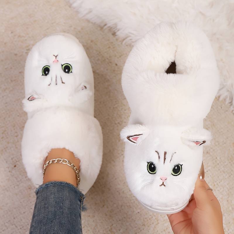 Women’s Plush Cat Face Indoor Slippers with Warm Lined Collar