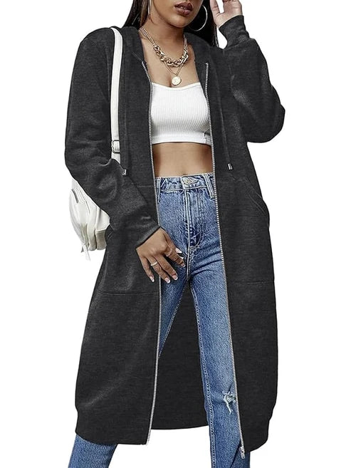 Women's Long Fleece Hooded Zip-Up Top