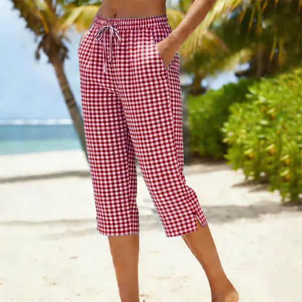 Women's Checked Drawstring Capri Trousers