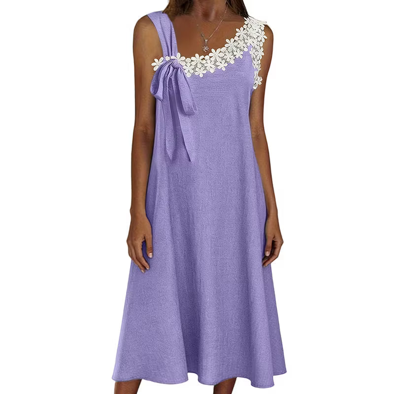 Women’s Floral Lace Trim Bow-Shoulder Midi Dress