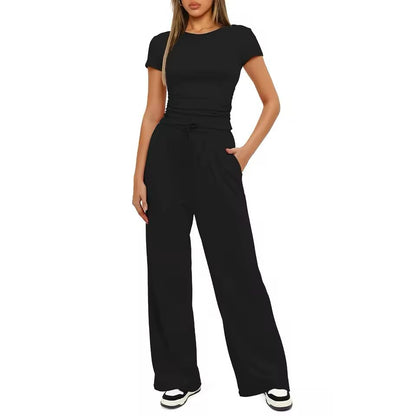Women's Summer Ruched Top & Wide-Leg Pants Set