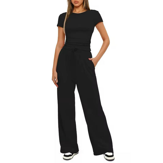 Women's Summer Ruched Top & Wide-Leg Pants Set