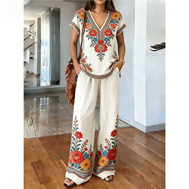 Women's Printed Top and Wide-Leg Trouser Set