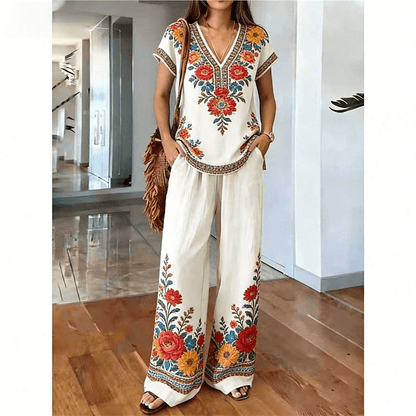 Women's Printed Top and Wide-Leg Trouser Set
