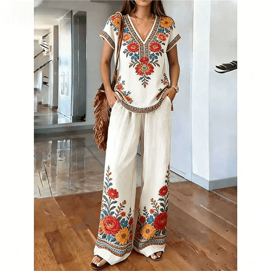 Women's Printed Top and Wide-Leg Trouser Set