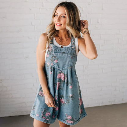 Vintage Floral Printed Denim Jumpsuit