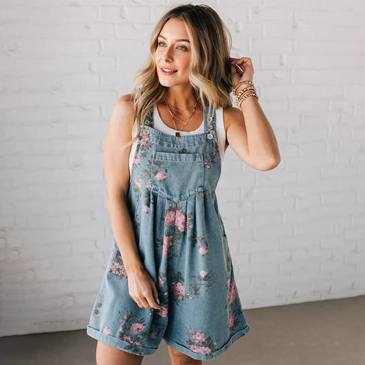 Vintage Floral Printed Denim Jumpsuit