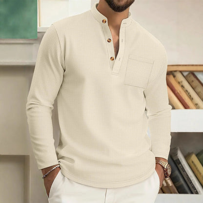 Men’s Textured Mandarin Collar Linen-Feel Shirt